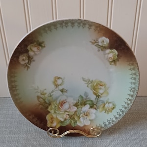 Romantic Rose Plate Vintage Austrian Pink Green Gold Filigree Embossed Pattern Cottage Country