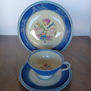 Rosenthale Cup Saucer and Dessert Plate Blue with Floral Pattern Rosenthale Selb-Germany Winifred 1940&#39;s Pedestal Cup/ClassyGlassByMarsha