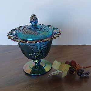 Vintage Indiana Glass Compote Candy Dish with Lid Grapes Pattern Iridescent Blue