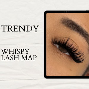 May include: Close-up of a person's eye with long, wispy eyelashes. The text "TRENDY WHISPY LASH MAP" is visible in the background.