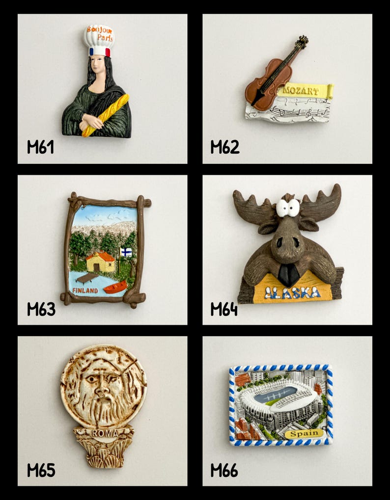 May include: A collection of souvenir fridge magnets. The magnets include a depiction of the Mona Lisa wearing a French chef's hat, a violin with Mozart's name, a Finnish landscape, a moose with "Alaska" text, a Roman face, and a Spanish stadium.