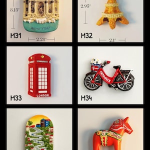 May include: A collection of travel-themed souvenirs, including a replica of the Trevi Fountain (3.15" x 2.28") with "Rome ITALY" text, an Eiffel Tower (2.95" x 2.1"), a red London telephone booth, a red bicycle with "DENMARK" text, a San Francisco souvenir, and a Dala horse.