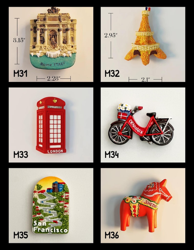 May include: A collection of travel-themed souvenirs, including a replica of the Trevi Fountain (3.15" x 2.28") with "Rome ITALY" text, an Eiffel Tower (2.95" x 2.1"), a red London telephone booth, a red bicycle with "DENMARK" text, a San Francisco souvenir, and a Dala horse.