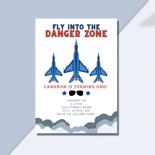 Fly into the danger zone, top gun theme 1st birthday party invitation, boys invitation, maverick and goose, jet pilot, fighter pilot