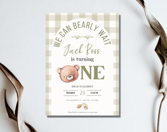 We can bearly wait, turning one, bear themed first birthday party, woodland theme, boy 1st birthday party, Sage green, forest, bear-y first