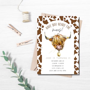 Have you heard the moos! I'm two, second birthday Cow themed birthday party, Farm theme, highland brown cow, boy birthday party invitation