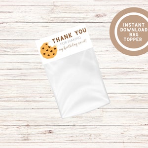 Thanks for making my birthday sweet! chocolate chip cookie thank you goodie bag topper, cookie theme birthday party decor, thank you bag