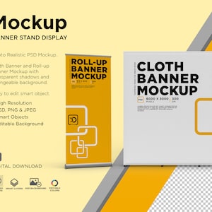 Exhibition Cloth Banner Wall Straight Display Stand and two retractable banner stands on either side. Photoshop PSD Mockup.