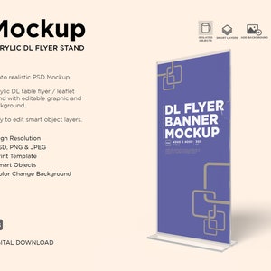 May include: A mockup of a clear acrylic DL flyer stand with a purple background and a geometric design. The stand is 4000 x 4000 pixels and 300 DPI. The text "DL Flyer Banner Mockup" is printed on the stand.
