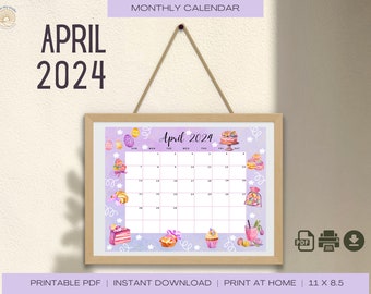 Printable April 2024 Calendar, Sweet Pastries Calendar, Monthly Calendar | 11 x 8.5 | PDF | PRINTABLE | Easter Calendar