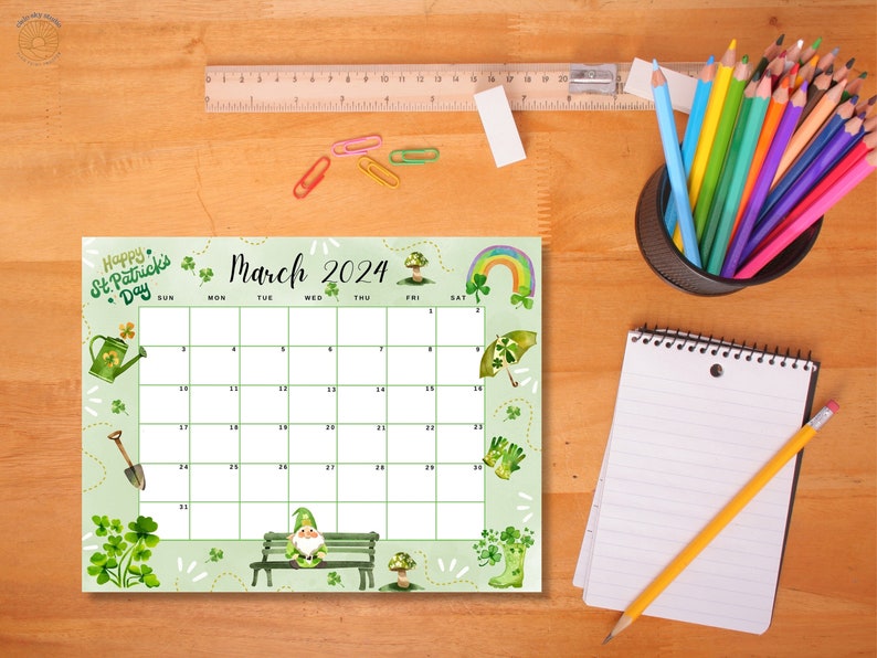 Printable March 2024 Calendar, Garden Gnome Calendar, Monthly Calendar