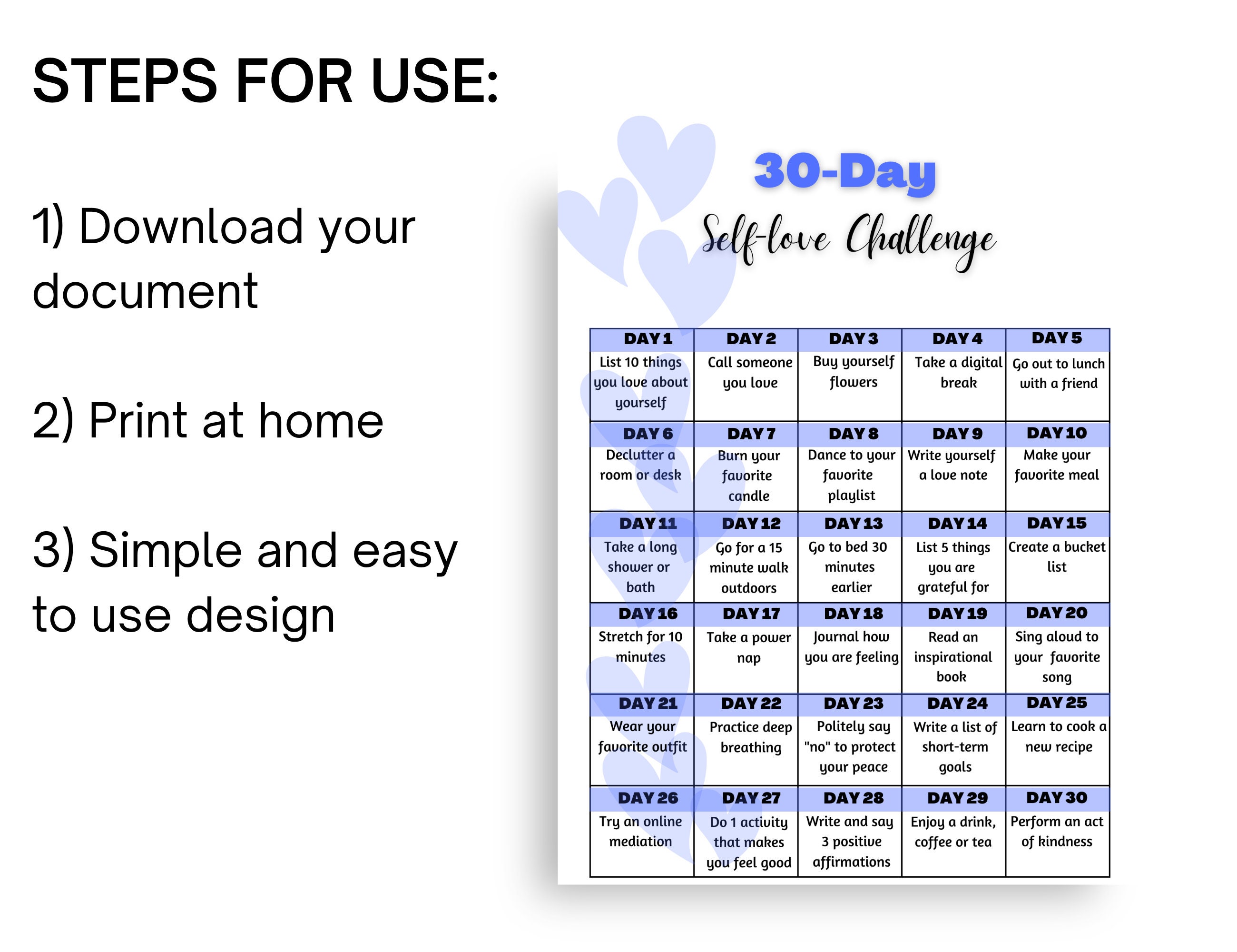 30 Day Self Love Challenge Printable - Etsy