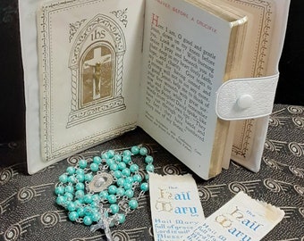 White Soft Plastic Covered Girl's First Holy Communion Catholic Prayer Book with Blue Faux Pearl Rosary Vintage 1970 Illustrated