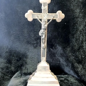 Standing Altar Crucifix ~ Wood Inlay, Silver Tone Metal Budded Cross, Tiered Footed Base ~ Interesting Symbols on Back of Cross