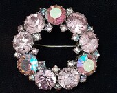 Weiss Pink Rhinestone Circle Brooch Pin Vintage Signed