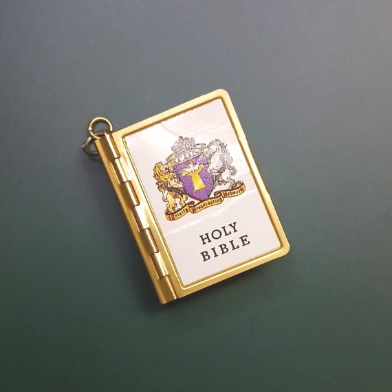 Miniature Holy Bible Keychain Charm: Gold Tone TB… - image 1