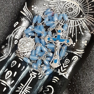 Vintage Rosary with Blue Semi-Opaque Beads, Silver Tone and Blue Crucifix and Silver Tone Sacred Heart Center Medal