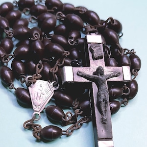 Vintage Five Decade Rosary ~ Dark Brown Plastic Beads, Aluminum Center Medal, Capped Plastic Crucifix ~ Stamped Italy ~ 20.5&quot; Long
