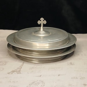 Vintage Aluminum 2 Tier Communion Tray with Glass Cups ~ Full Set, Unbranded