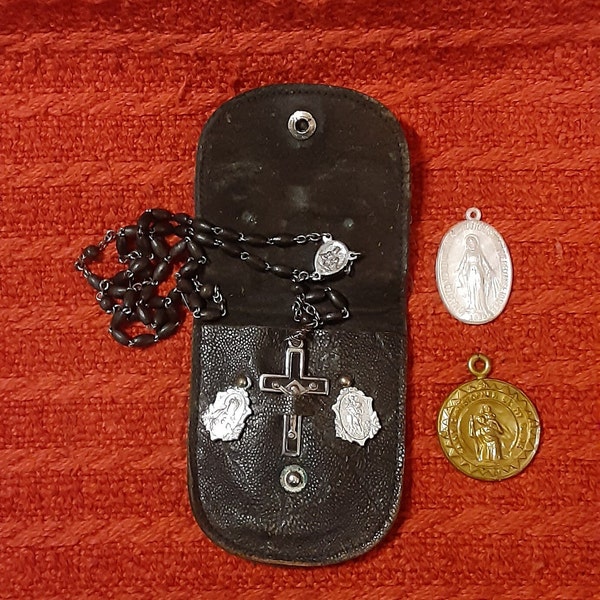 My Companion Leather Pocket Rosary and Medals Pouch ~ Portable Travel Shrine ~ Catholic Faith ~ St. Christopher ~ Damaged Rosary