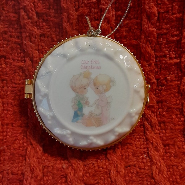Adorable Enesco Precious Moments Christmas Ornament ~ Our First Christmas ~ Locket Style, Place For Photo