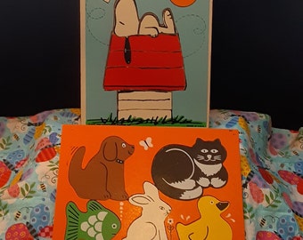 TWO Early Learning Particle/Chip Board Tray Puzzles ~ Playskool and Judy/Instructo ~ Snoopy, Animal Pets ~ 1970s, 1980s