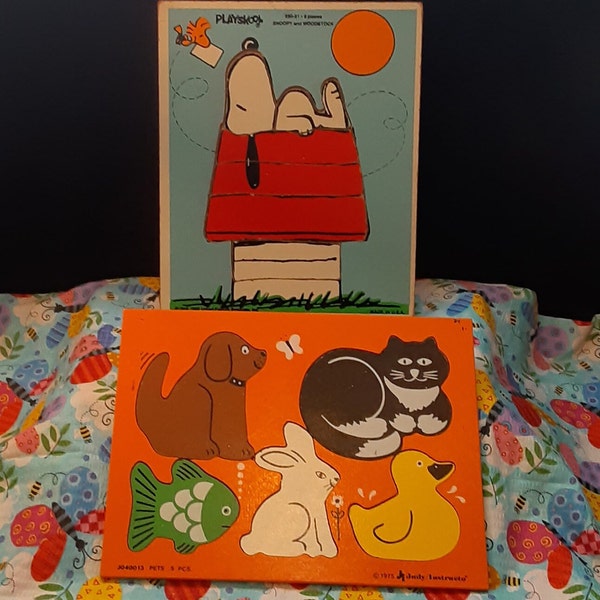 TWO Early Learning Particle/Chip Board Tray Puzzles ~ Playskool and Judy/Instructo ~ Snoopy, Animal Pets ~ 1970s, 1980s