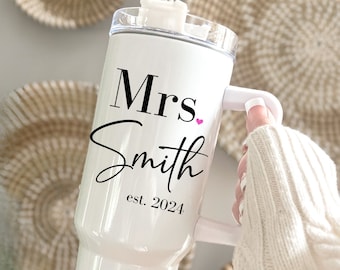 Mrs. 40 oz tumbler, Mrs. personalized tumbler, Bride personalized 40 oz tumbler, bride tumbler with handle, bride wedding gift, bride cup