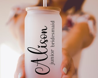 Junior bridesmaid gift, Junior bridesmaid tumbler with name, glass cup wedding favor, glass for wedding party, bridesmaid cup with name