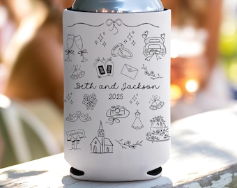 Personalized Wedding Can Cooler | Custom Foam Koozie for 12oz Cans | Bridal Party Favor | Custom Names & Date | Wedding Drink Holder Gift