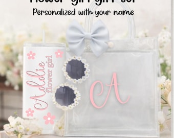 Personalized Daisy Flower Girl Tumbler 12oz, Flower Girl Gift Set, Custom Name Cup with Sunglasses, Ready to Gift Bag