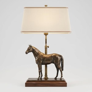 Puede incluir: Una lámpara de mesa con una escultura de caballo en tono bronce como base central, montada sobre un zócalo rectangular de madera. La lámpara incluye una varilla metálica vertical que sostiene una pantalla rectangular de tela color crema.