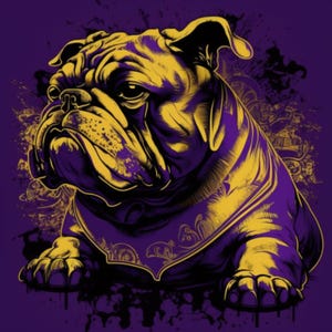 May include: A stylized illustration of a bulldog in shades of gold and purple. The dog is depicted with detailed shading and a decorative collar. The background features splatters of purple and gold, creating a dynamic and artistic effect.