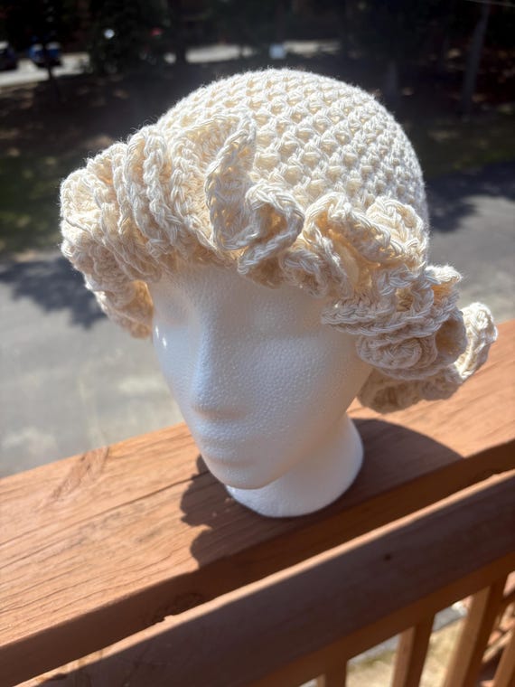 Handmade Crochet Ruffled Hat in Cream Blooming Ruffle Crochet Bucket Hat , Brown Beige and Gold  main image 4