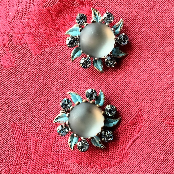 SPECTACULAR WEISS of NY Earrings, Blue Grey Cabochons, Light Blue Rhinestones, Delicate Light Blue Enamel, Highly Collectible, Signed Weiss