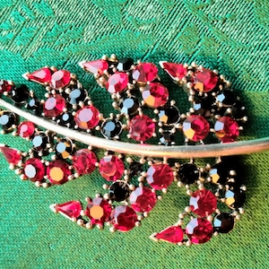 May include: A silver leaf-shaped brooch with red and black rhinestones. The brooch is set on a green fabric background.