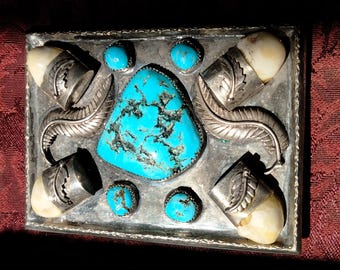 Craftsman VINTAGE Belt Buckle and BOLA, Each Mounted on Silver With Scrollwork, adorned with Turquoise, Bull Elks Teeth, Unique and Gorgeous