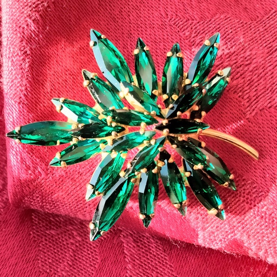 Signed Maple Leaf Brooch, Emerald Green Navettes,… - image 2