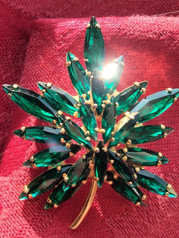 Signed Maple Leaf Brooch, Emerald Green Navettes,… - image 1