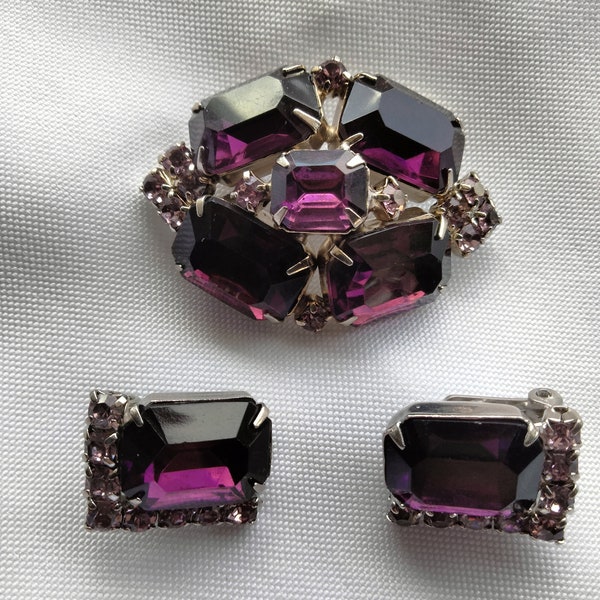 VINTAGE LA REL Demi Parure, Beautiful Amethyst Rhinestone Brooch/Earrings, Excellent Condition, Rare Find, Gift for Anniversary/Birthday