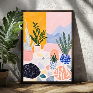 Midcentury Modern Pink Rock Kunstdruck, Bunte Western Wüste Collage, Kaktus Landschaft Wandkunst, Texas Arizona Kalifornien Poster