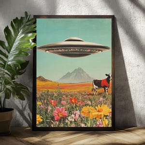 Lámina artística vintage de ovnis - Póster espacial retro - Decoración cósmica psicodélica - Arte de ciencia ficción inspirado en los años 70 - Arte mural galáctico - Pintura espacial Calmness v3