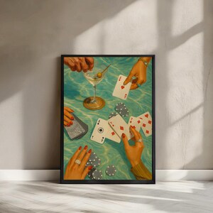 Impressão de arte de parede de cartas de baralho vintage, pôster retrô de noite de pôquer com bebidas, decoração de carrinho de bar para sala de jogos ou lounge, impressão física