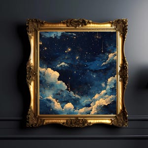 Stimmungsvoller Himmlischer Kunstdruck - Gothic Nachthimmel Poster, Blaue Gold Abstrakte Sterne Malerei, Dark Academia Mond & Sterne Dekor