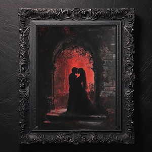 Dark Passion Gothic Paar Poster - physischer romantischer Wand-Kunstdruck, rote Silhouette-Liebhaber, dramatische Gothic Home Decor