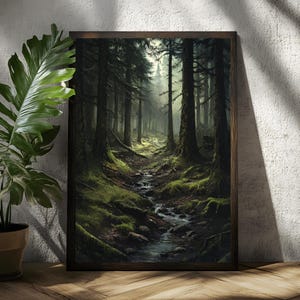 Impressão artística de floresta escura de outono, decoração de paisagem de academia escura, ilustração gótica antiga, pôster de natureza encantada, impressão rústica vintage