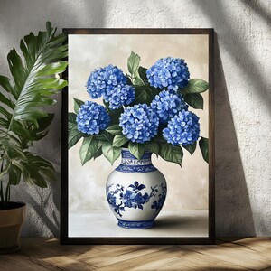 Blue Hydrangea Chinoiserie Vase Poster, November Birth Flower Art Print, Vintage Oil Painting, Blue Floral Farmhouse Wall Decor