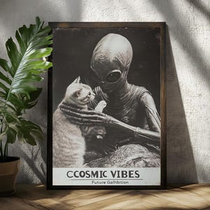 Lámina artística retro de extraterrestre con gato - Póster OVNI en blanco y negro - Decoración de pared psicodélica de los años 70 - Arte de ciencia ficción vintage - Estética espacial psicodélica