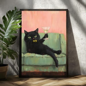 レトロな黒猫のマティーニウォールアートプリント、ヴィンテージ油絵、カクテルバーの装飾、折衷的なかわいい猫のアート、バーカートのポスター、フィジカルアート
