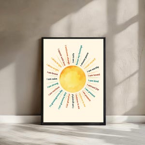 Wydruk artystyczny Sun Affirmations, pozytywny cytat plakat dla dzieci lub dorosłych, budująca dekoracja ścienna do domu, pokoju dziecięcego lub biura, wydruk fizyczny